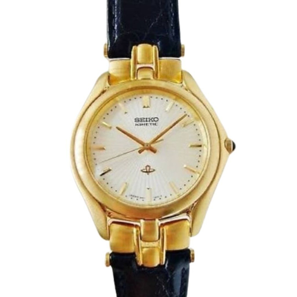 Jam Tangan Pria Seiko Kinetic Leather Gold Case White Dial SLB006 Original