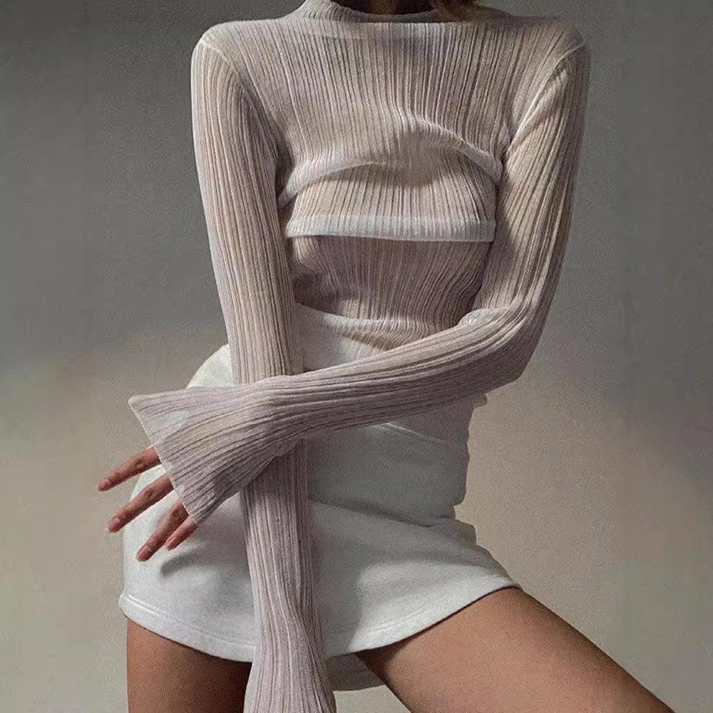 Lengan Panjang Mesh Tembus Pandang Warna Solid Turtleneck T Baju Kaos