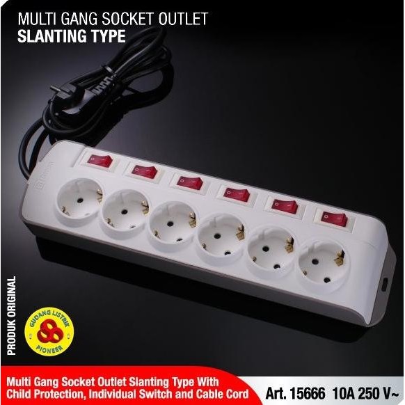 Broco Stop Kontak 6 Lubang Miring Cp 15666 + Saklar Tersendiri + Kabel