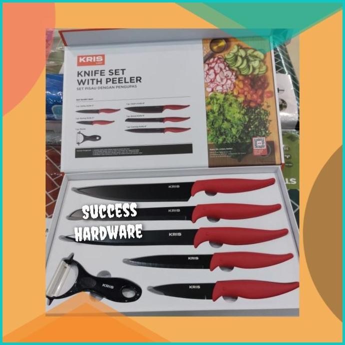 KRIS SET 6 PCS PISAU & ALAT PENGUPAS - MERAH/KNIFE AND PEELER RED SET