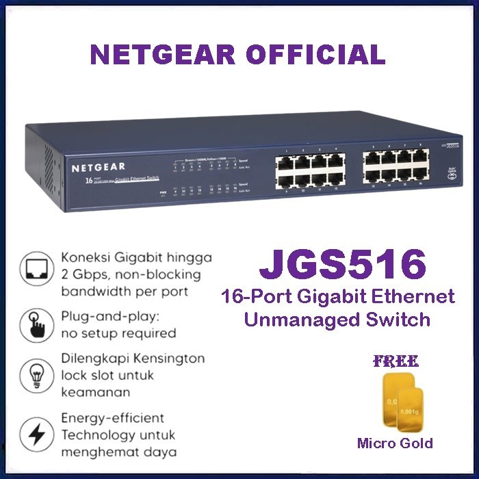 Terbaru Netgear Jgs516 Switch 16-Port 10/100/1000 Mbps Gigabit Ethernet