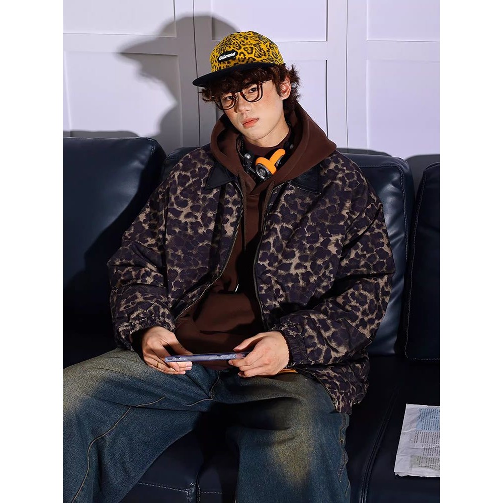 Jaket Pria Kerah Kulit Sambungan Macan Tutul Pu Jalanan Tinggi Musim Gugur