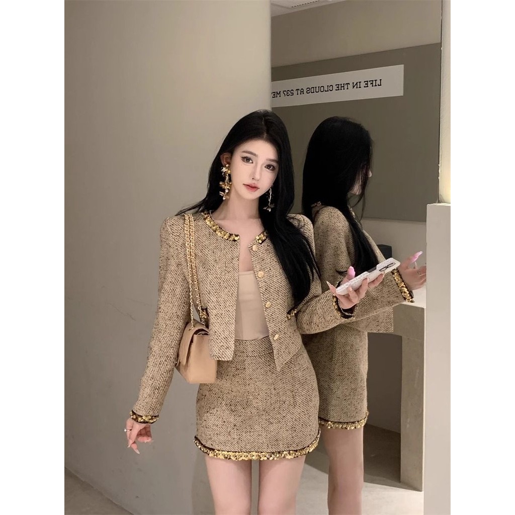 French Style Chanel Suit Tweed Sequined Long Sleeve Short Coat Women's Autumn and Winter Wear Sheath