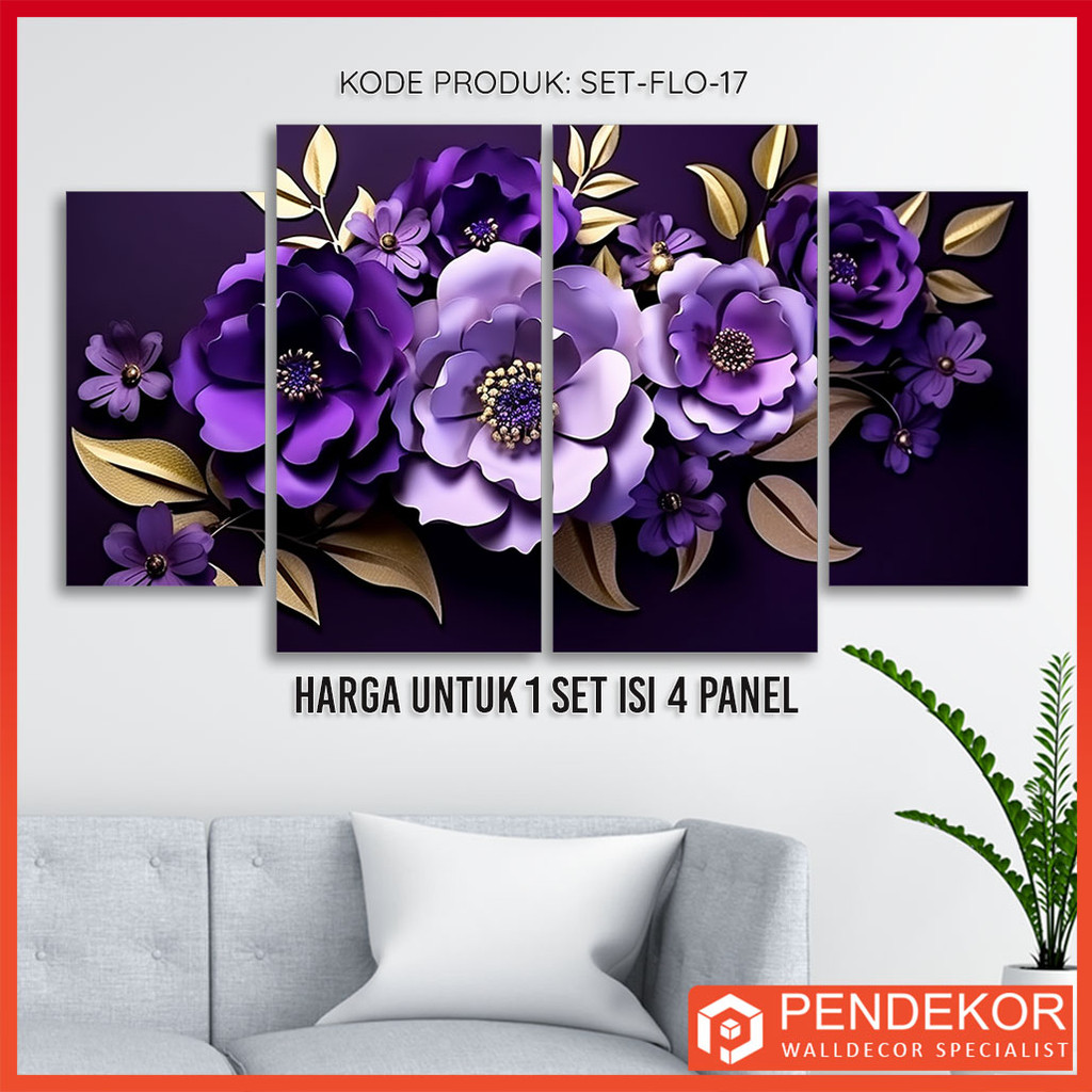 Hiasan Dinding 1 Set Bunga Ungu 3D Elegan 4 Panel Wall Decor Pajangan Kamar Aesthetic Dekorasi Ruang