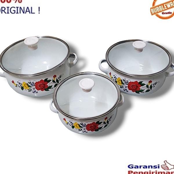Panci Enamel Set Panci Enamel Set Tebal Per Set 3 Panci Plus Tutup Kaca