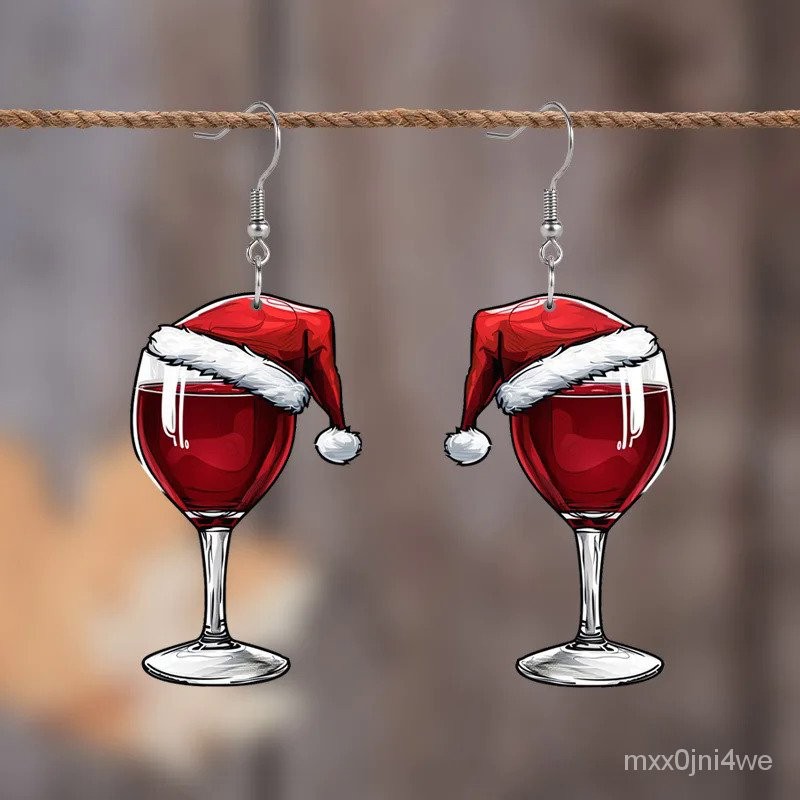 Christmas Wine Cup Pendant Earrings New Year Wine Glass Christmas Hat 2D Acrylic Pendant Earrings Wo