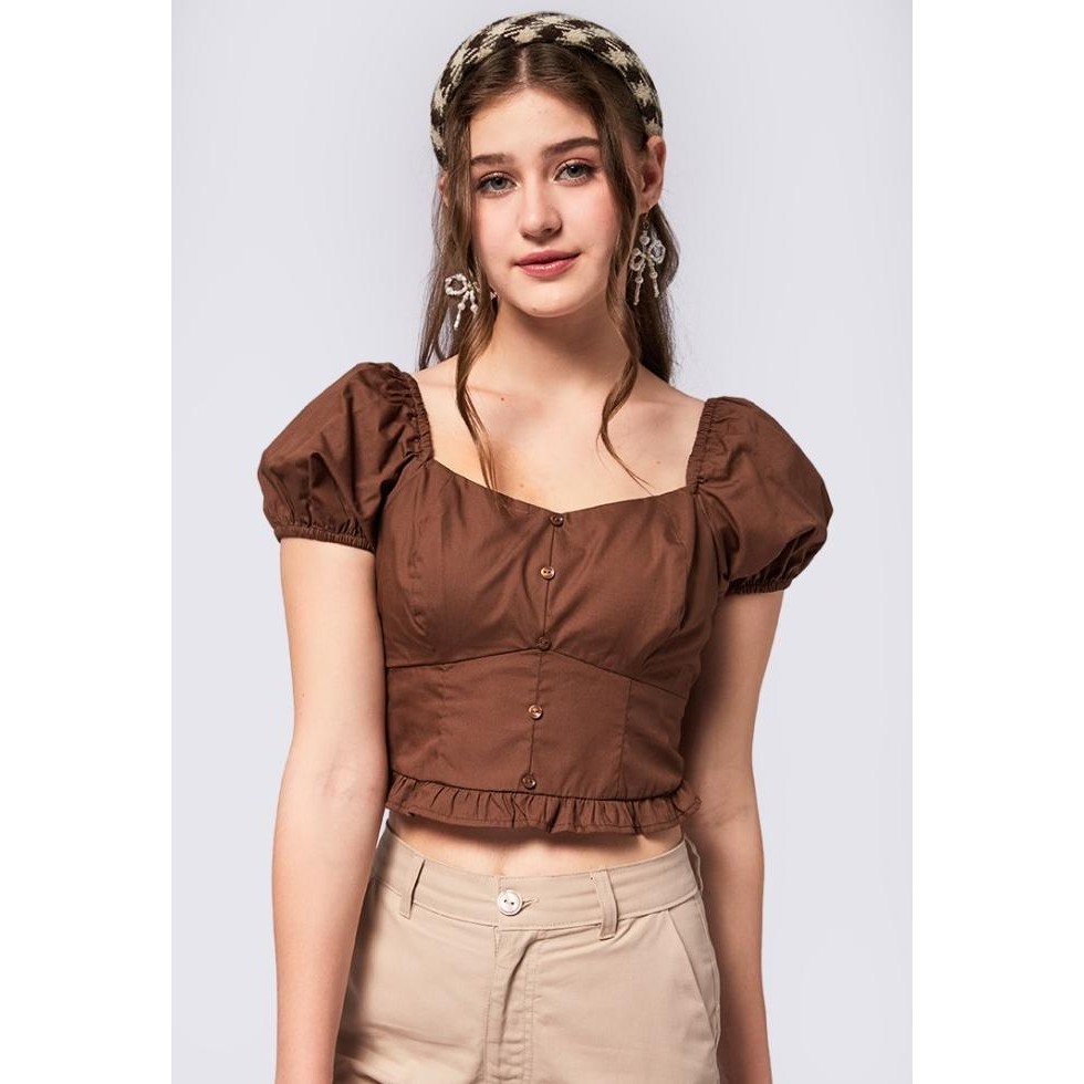 COLORBOX PUFF SLEEVES CROP TOP I-BSWKEY124C067 BROWN