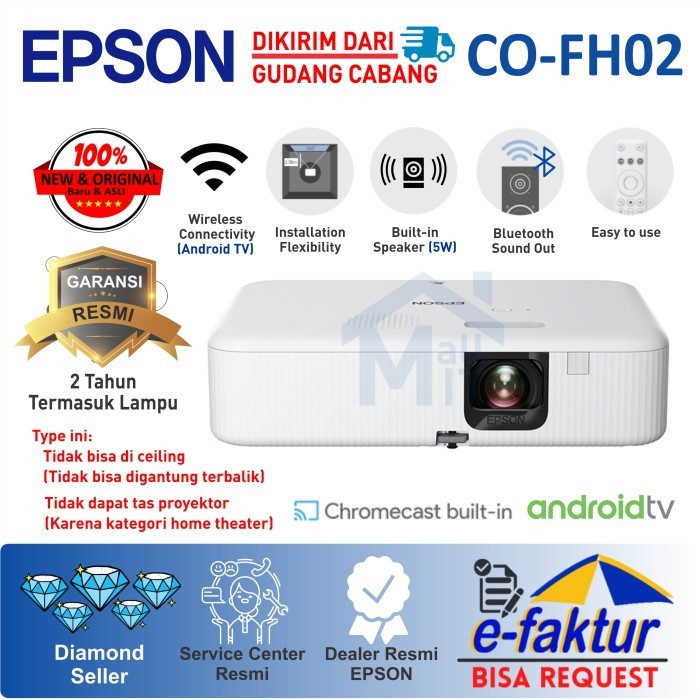 Terbaru Proyektor Epson Co-Fh02 Cofh02 Co Fh02 Full Hd Android Tv Portable Ori