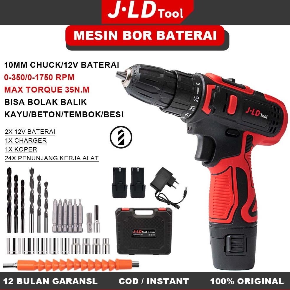 JLD 10MM CORDLESS MESIN BOR  BATERAI 12V 2Baterai CORDLESS HAND DRILL with Tool Kit Tool Kits 24 Pcs