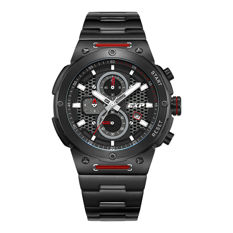 Jam Tangan Pria Expedition Chronograph E 6837 MC BIGBARE Men Black Dial Black Stainless Steel Strap
