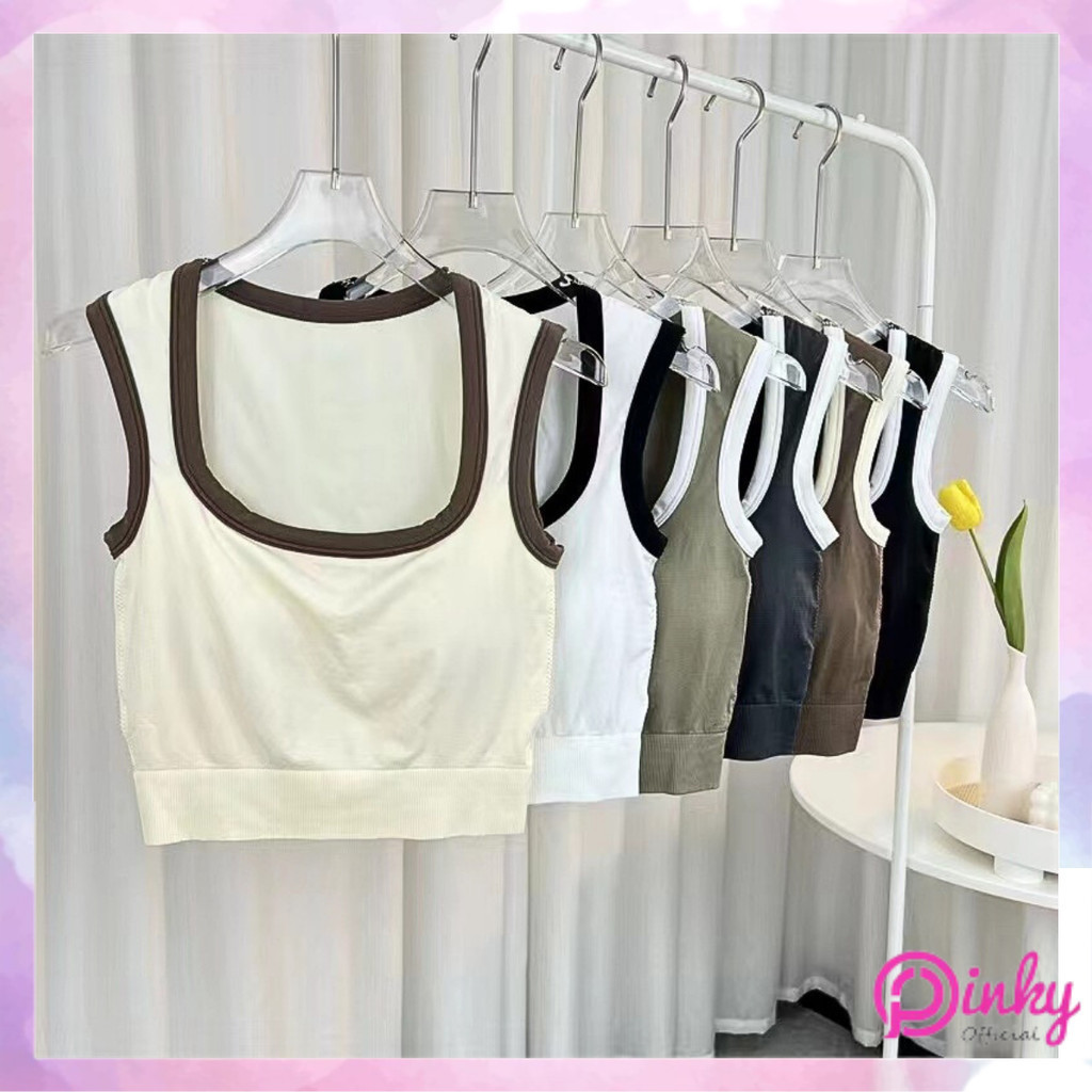 murah pinky tanktop crop bra tali lebar leher persegi tanktop bra dengan busa crop top fashion