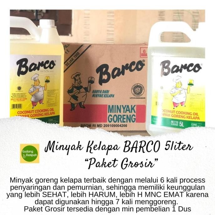

PROMO GROSIR MINYAK KELAPA BARCO 5 Liter (Isi 4 Jerigen)