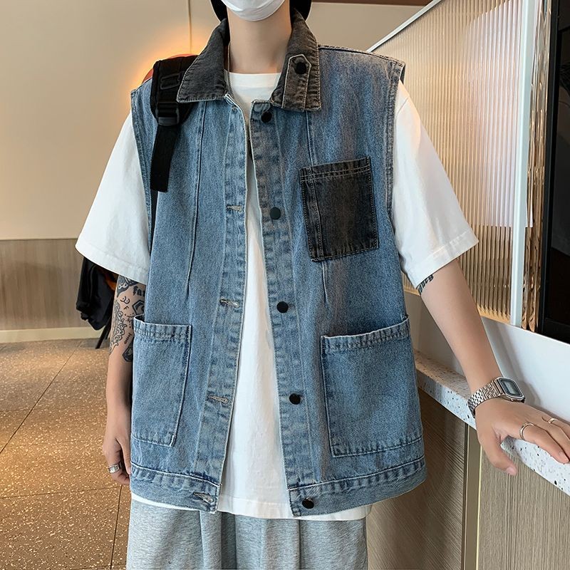 Jaket Rompi Denim Anak Laki-laki, Jaket Rompi Denim Leher Turnover, Jahitan Warna untuk Anak Laki-la