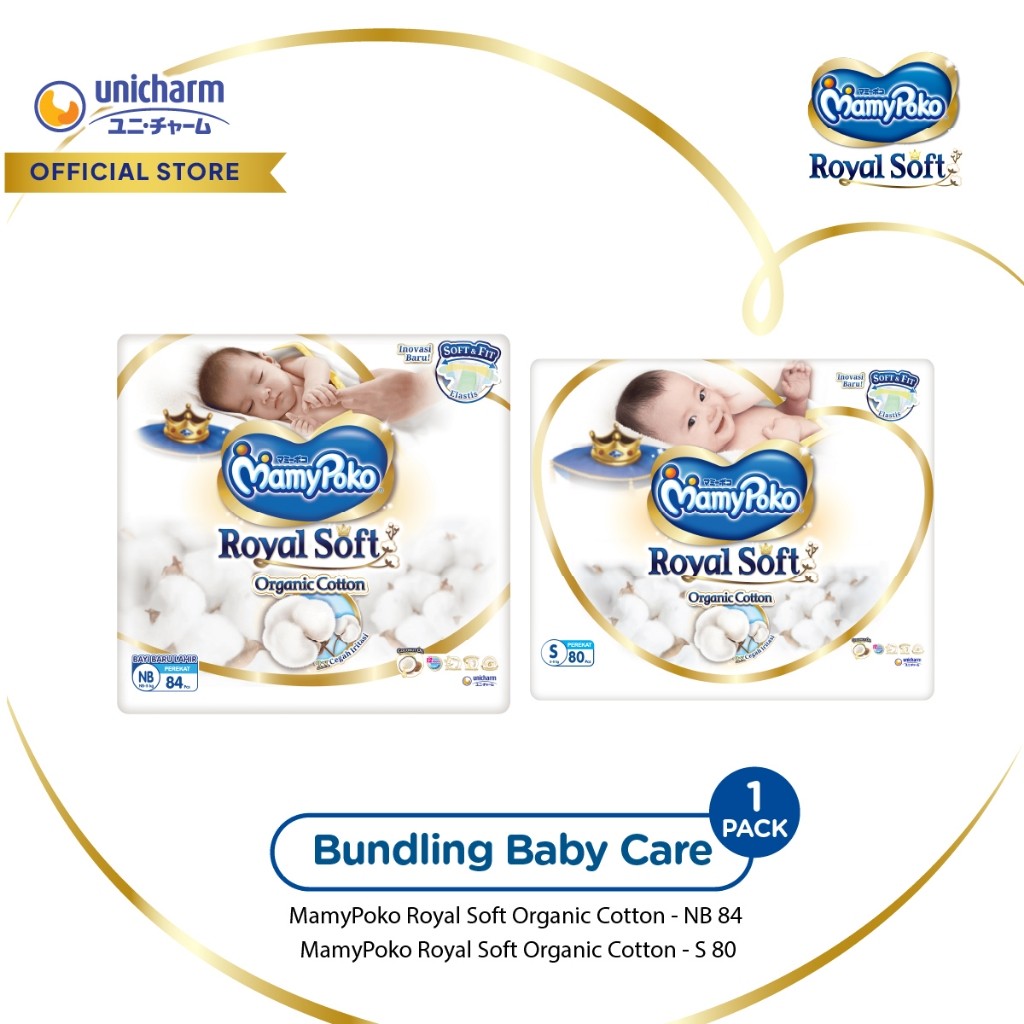 Paket MamyPoko Royal Soft Organic Cotton - NB 84 - Popok Tape 1 Pack & MamyPoko Royal Soft Organic C