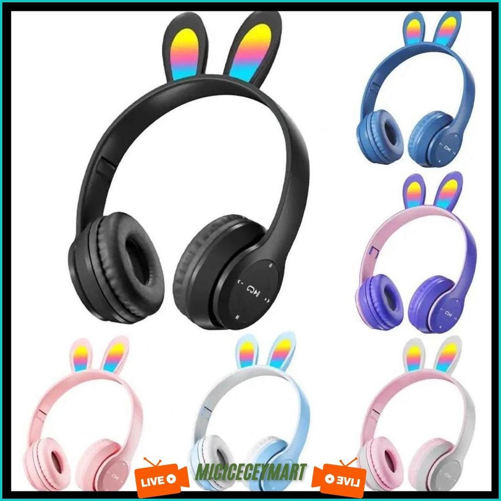 Headphone Wireless Bluetooth Led Model Kelinci  Earsp47R Headset Bando Kelinci Murah