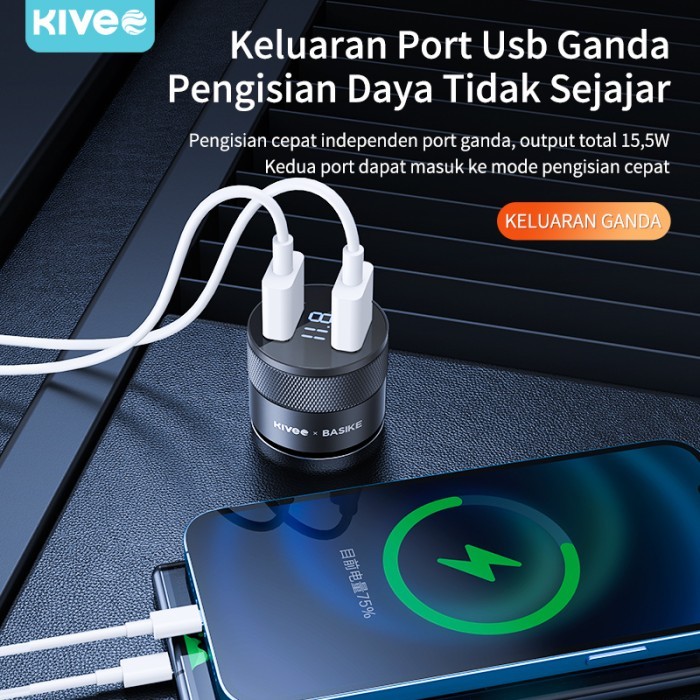 Car Charger Kivee Charger Mobil 3.1A Quick Charge 2 Usb 15W Led