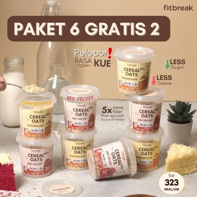 

Paket 6 Gratis 2 Red Velvet dan Cheesecake Cereal Oats Fitbreak / Healthy Snack / Instant Oats / Overnight Oats / Diet Friendly / Sarapan / Oatmeal