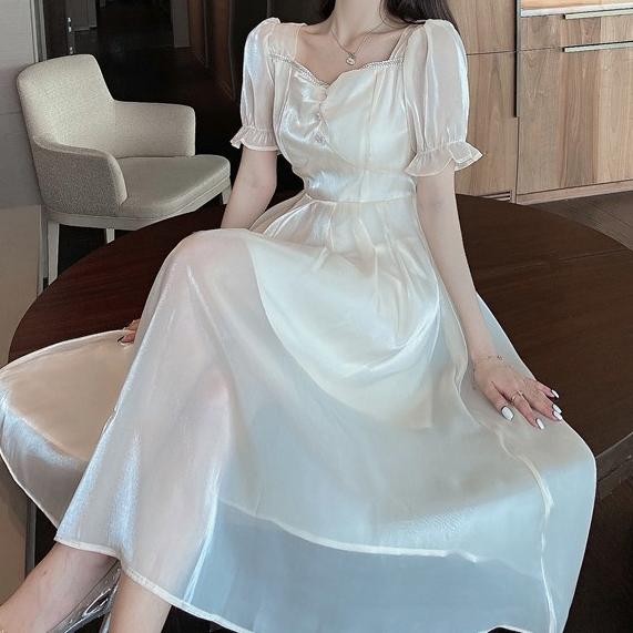 CR - baru dress brukat korean style putih wanita korea sutra high-end long dress/dress korea/dress p