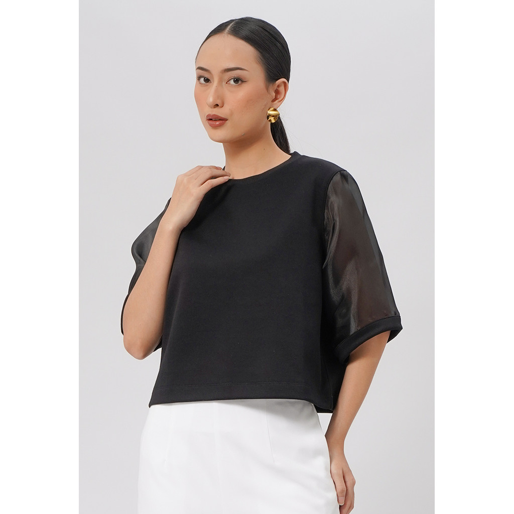 Executive Short Sleeve Organza Top Black