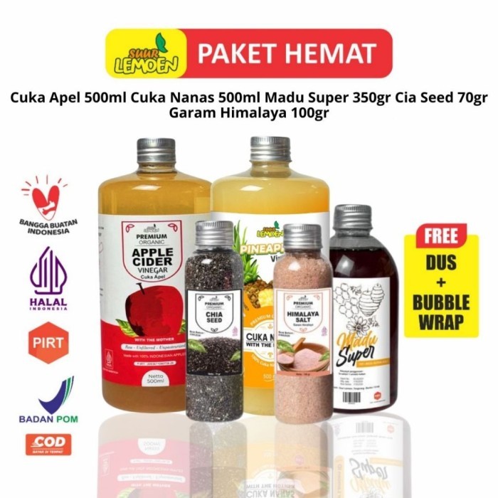 

MURAH Paket Diet Detox 5in1 - Paket Hemat Cuka Apel, Sari Lemon, Chia Seed, Madu Hutan, Garam