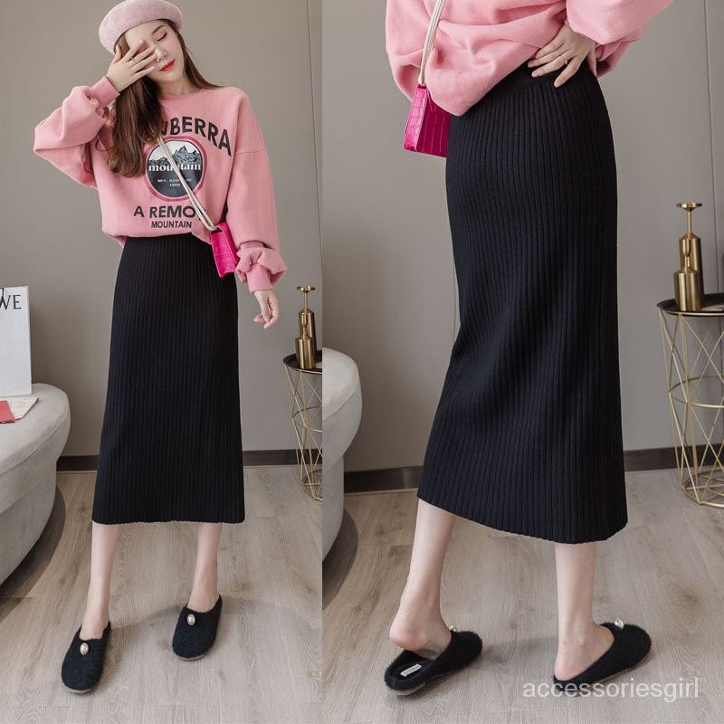 

2023New Knitted Skirt High Waist Slimming Not Split Straight Solid Color Woolen Long Skirt Autumn and Winter Fleece-lined Women