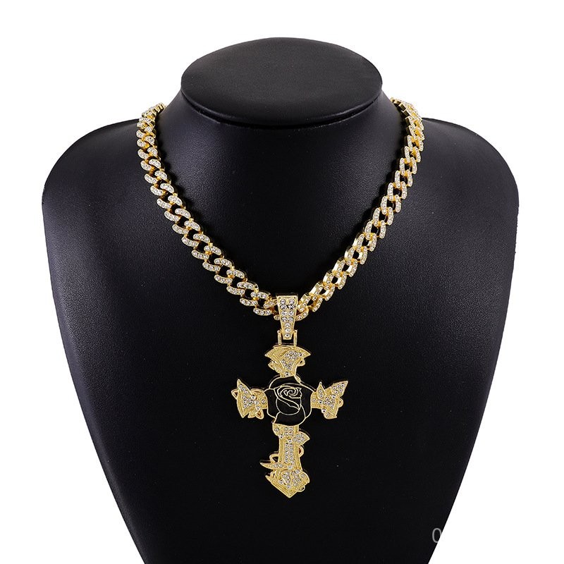 AliExpress Rose Cross Oil Dripping Alloy Pendant Hip Hop Necklace Cuban Link Chain Men's and Women's