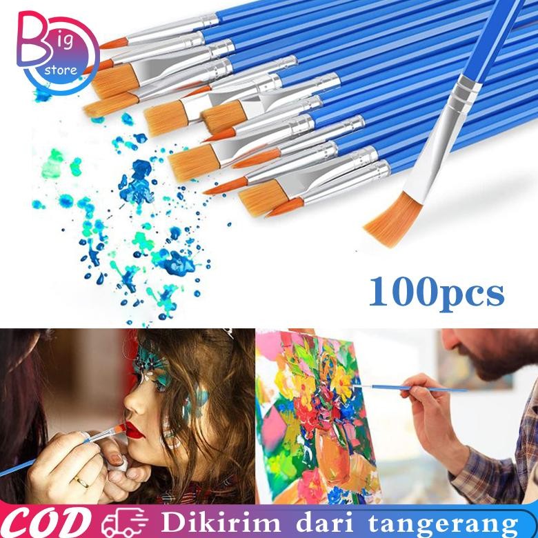 

Kuas Lukis Akrilik Bulu Nilon Cat Air 100pcs Kuas Cat Minyak Pointed Dan Flat Paintbrush