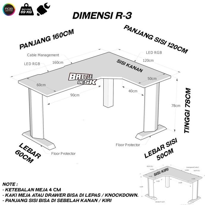 Battledesk R3 HITAM - Meja Komputer Gaming PC Desk RGB Murah 160x120