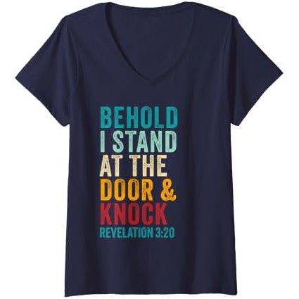 Wahyu Wanita 3:20 Aku Berdiri di Pintu dan Mengetuk - Kutipan Yesus Kaos Leher-V |Nemizge3|