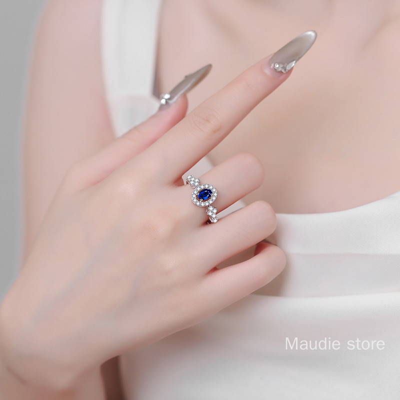 Cincin Berlian Moissanite Asli untuk Wanita Cincin Lamaran Moissanite Bunga Camellia Biru Royal Alam