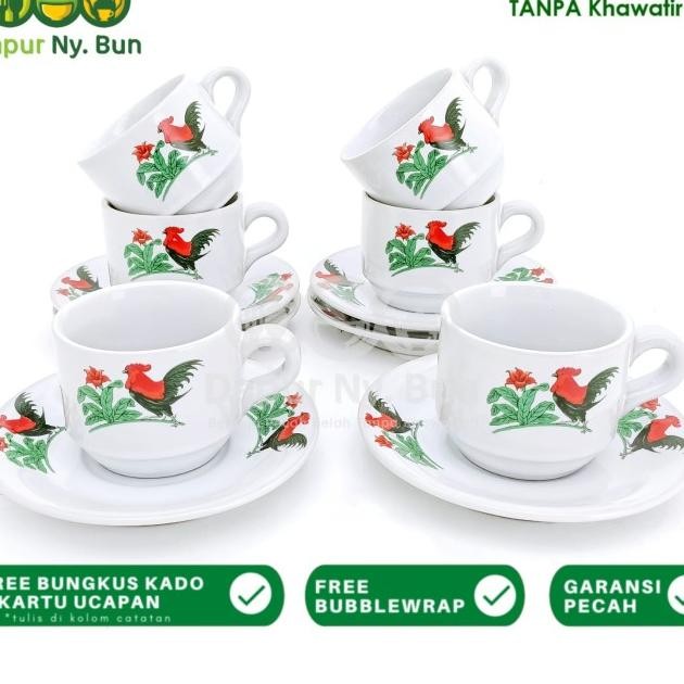 6 Pasang Cangkir Set Kopi Motif Ayam Jago Jadul / Gelas & Saucer