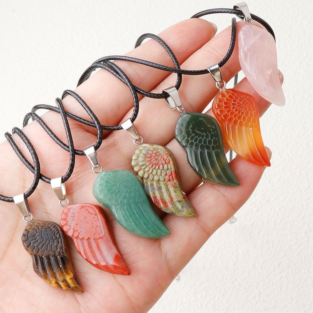 Liontin Sayap Malaikat Aventurine Hijau Quartz Mawar Kristal Alami diy Liontin Perhiasan Kalung
