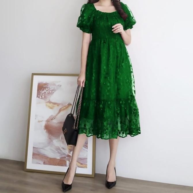 dress melodi hijau botol Baju pesta brukat gaun remaja murah mel at GVS