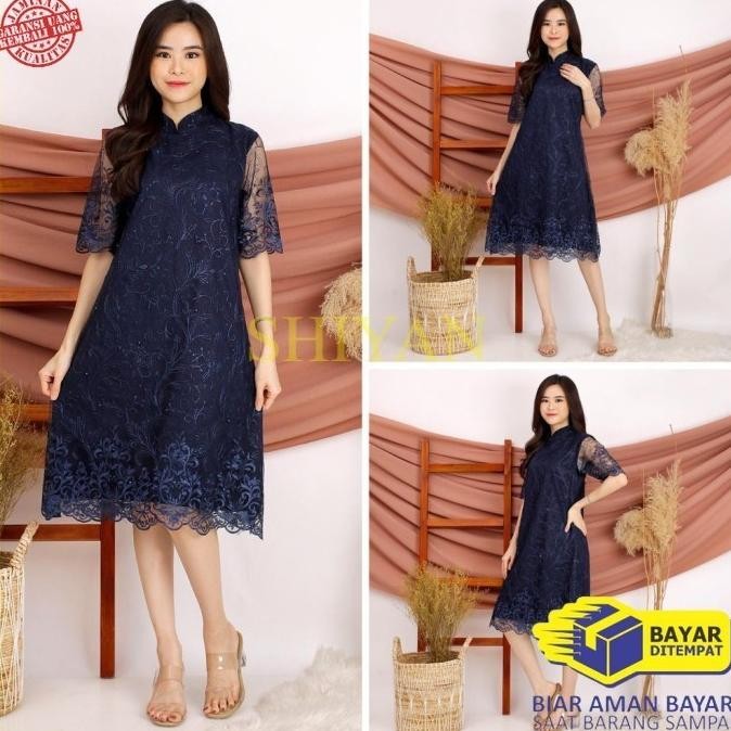 Fashion Atasan Midi Dress Brukat Wanita Baju Kondangan Pesta NAVY GVS