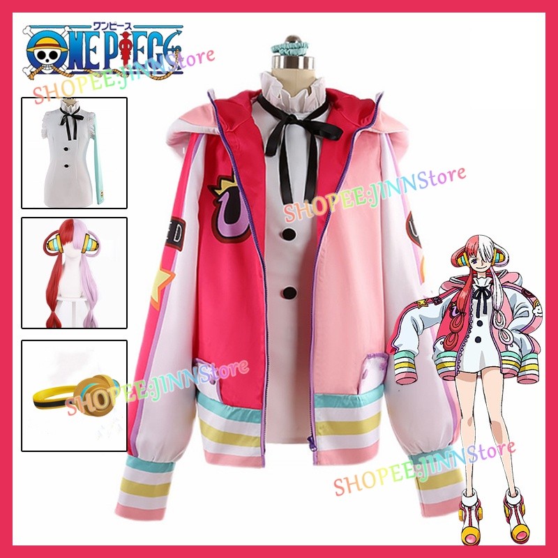 Film Animasi JINN One Piece RED UTA Kostum Cosplay Aksesori Jaket Merah Muda Set Lengkap Wig |Pv72JC