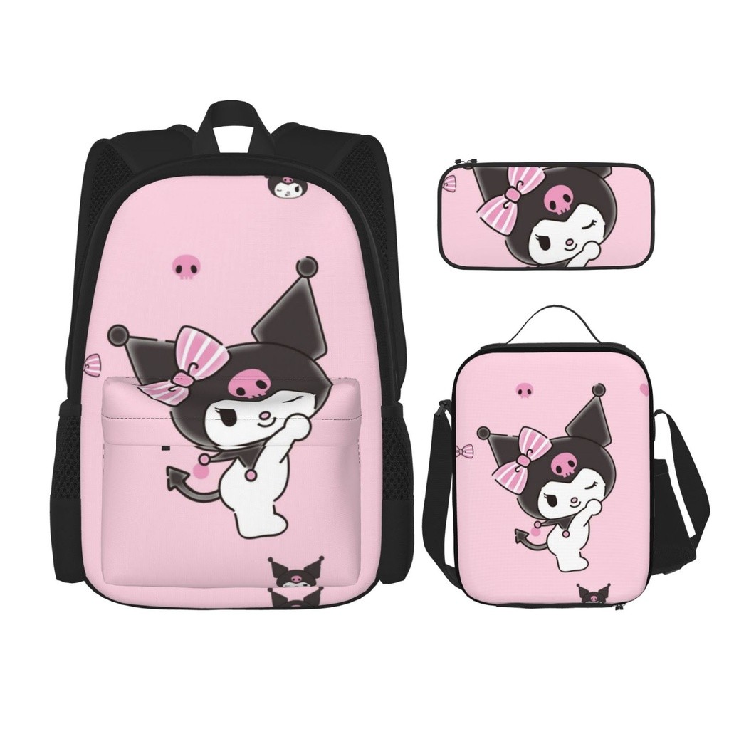 

3 in 1 Sanrio Kuromi Backpack Tas Sekolah Kartun Tiga Potong Dengan Kotak Pensil Tas Makan Siang Messenger, Hitam |3248DA32|