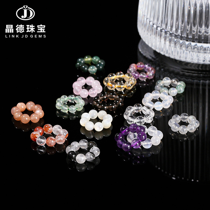 Perhiasan Jingde Cincin Fleksibel Manik-manik Kecil Batu Akik Kristal Alami ID8mm Cincin Manik diy O