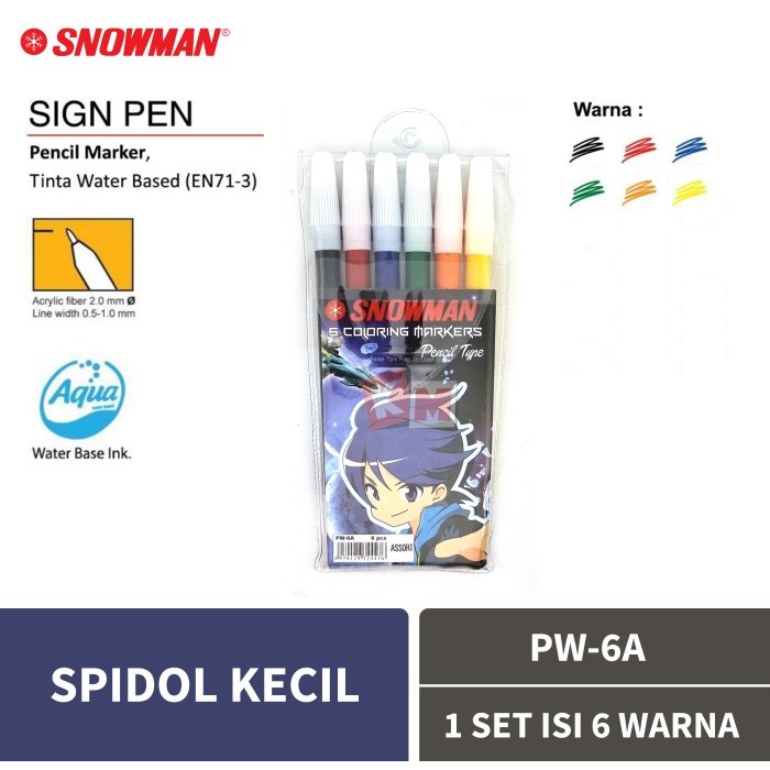 

BEBAS ONGKIR - Pencil Coloring Marker / Spidol Kecil Snowman PW-6A 1 Set Isi 6 Warna