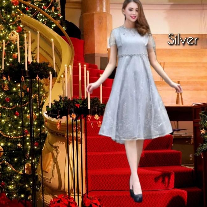 baju pesta wanita brukat silva gaun natal korea blouse dress rose gold ES77