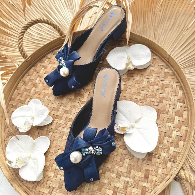 Navy Selop Sandal Sepatu Pesta Wanita Block Heels 4.5cm AVEDA H32S