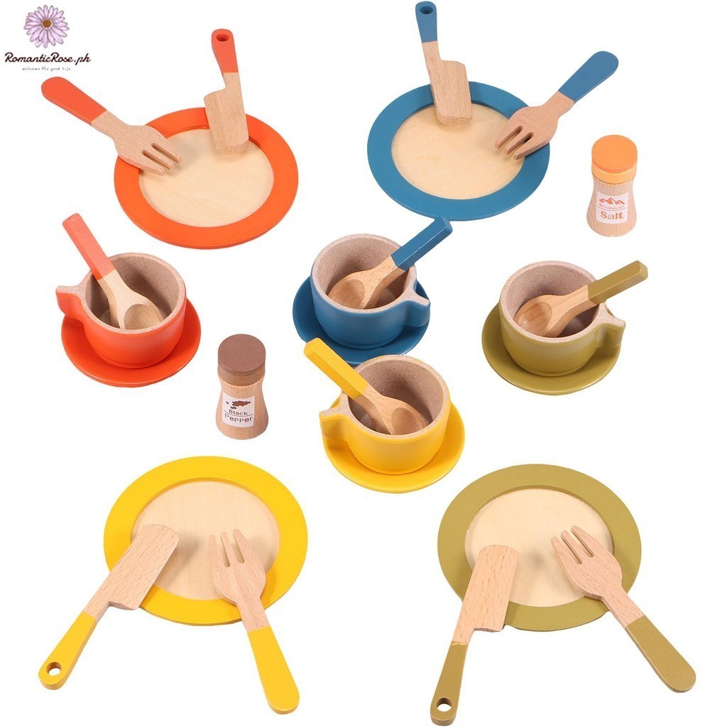 26Pcs Set Piring Dapur Kayu Set Piring dan Peralatan Makan Balita Mainan Simulasi Dapur Aksesoris un