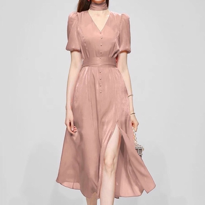 Midi Dress Flowy Silk Elegant Slit V Neck Korean Import