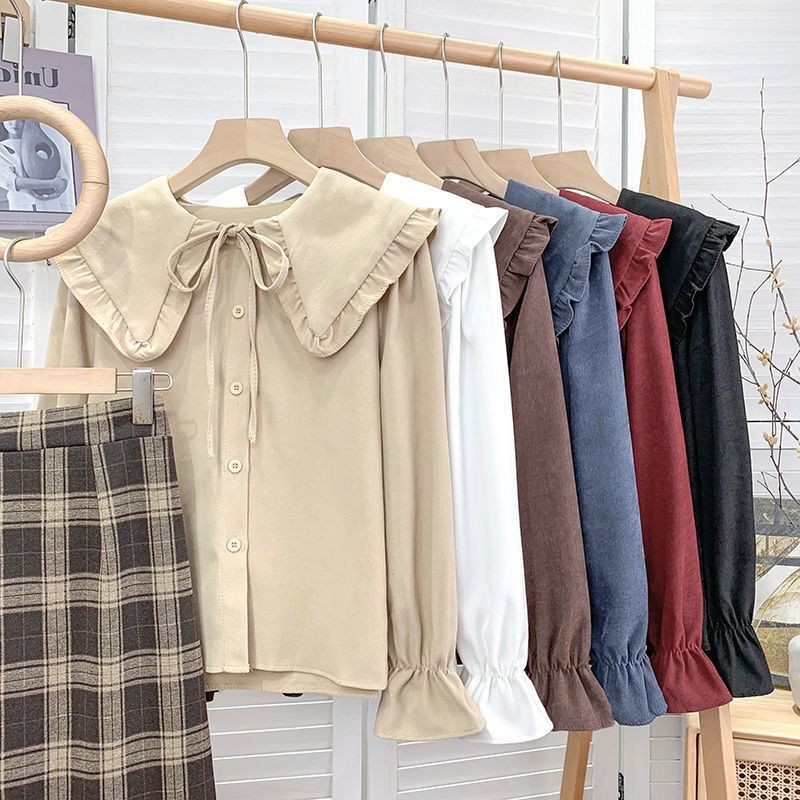 Ruffled Doll Collar Corduroy Long Sleeve Shirt