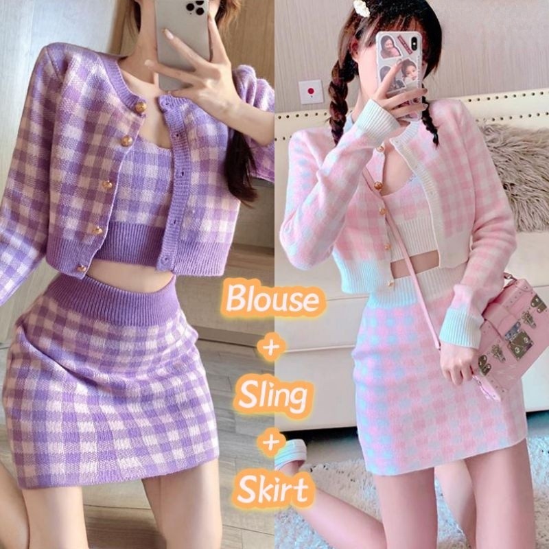 XIMAN Sweter Kardigan Rajutan Lengan Panjang Kotak-kotak Ungu Merah Muda Korea 3 Potong + Atasan Pen