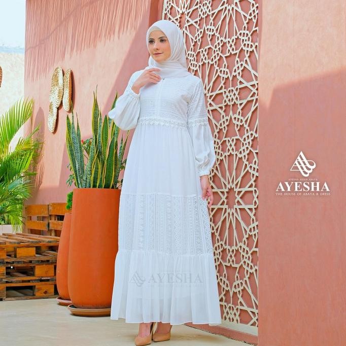 AYESHA GAMIS PUTIH BRUKAT WANITA MEWAH ELEGAN TERBARU 048