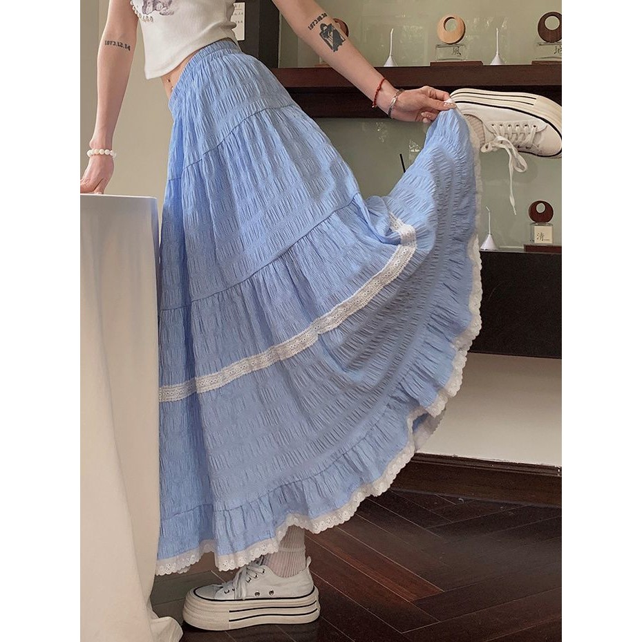 Rok Kotak-kotak Wanita, Bawahan Lipit Biru Renda Prancis Panjang Setengah
