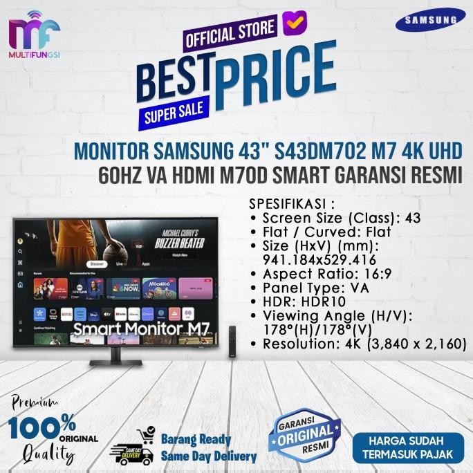 

Monitor Samsung 43" S43DM702 M7 4K UHD 60Hz VA HDMI M70D Smart Garansi Resmi