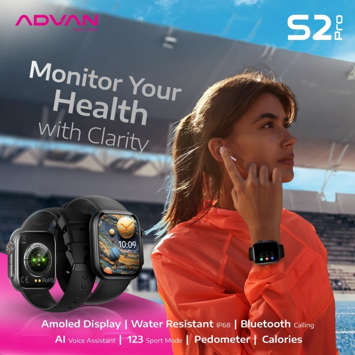 ADVAN Smartwatch S2 PRO Amoled 1.95 inch Slim AI Voice Bluetooth Call Waterproof 20 days Battery