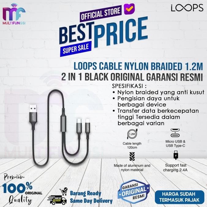 

Loops Cable Nylon Braided 1.2m 2 in 1 Black Original Garansi Resmi