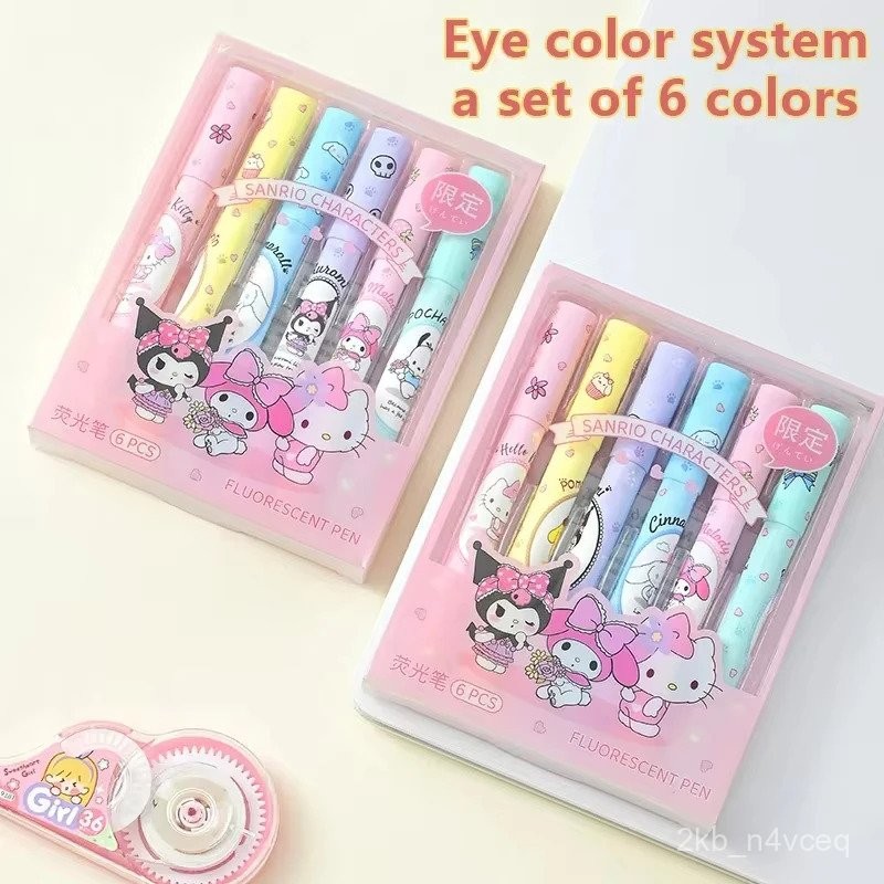 

Sanrio Highlighter Kuromi Melody Hello Kitty Multifunctional Color Pens Stationery Set 6Pcs/box Children's Stationery Gift S5PL